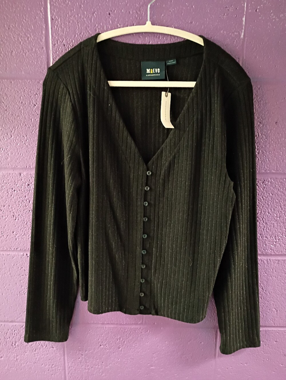 NWT Maeve Black Ribbed Button-Front V-Neck Top